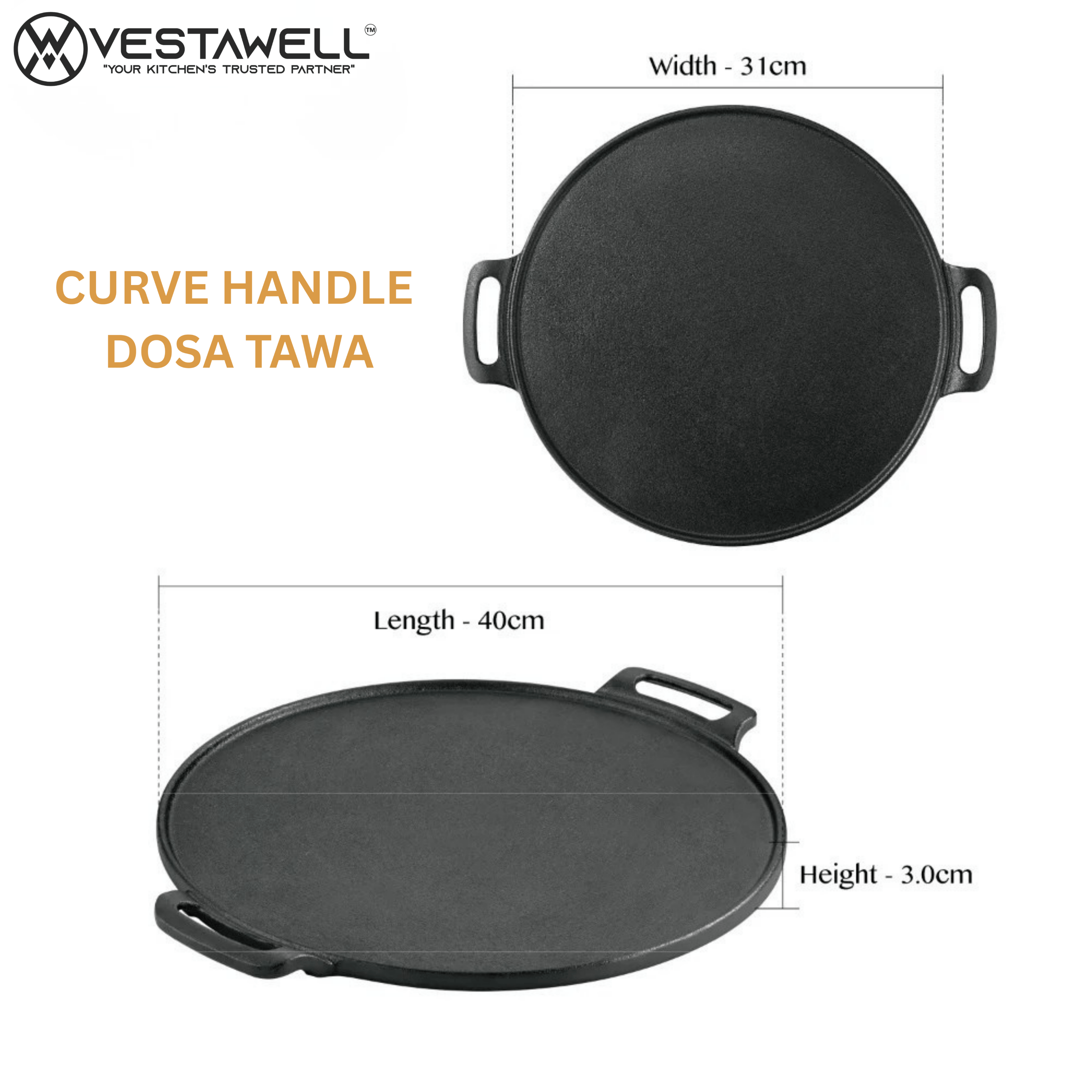 Cast Iron PreSeasoned Curve Handle Dosa Tawa
